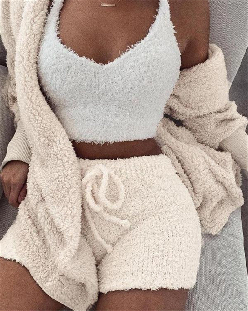 3 Piece Lounge Set Crop Top Long Sleeve and Shorts