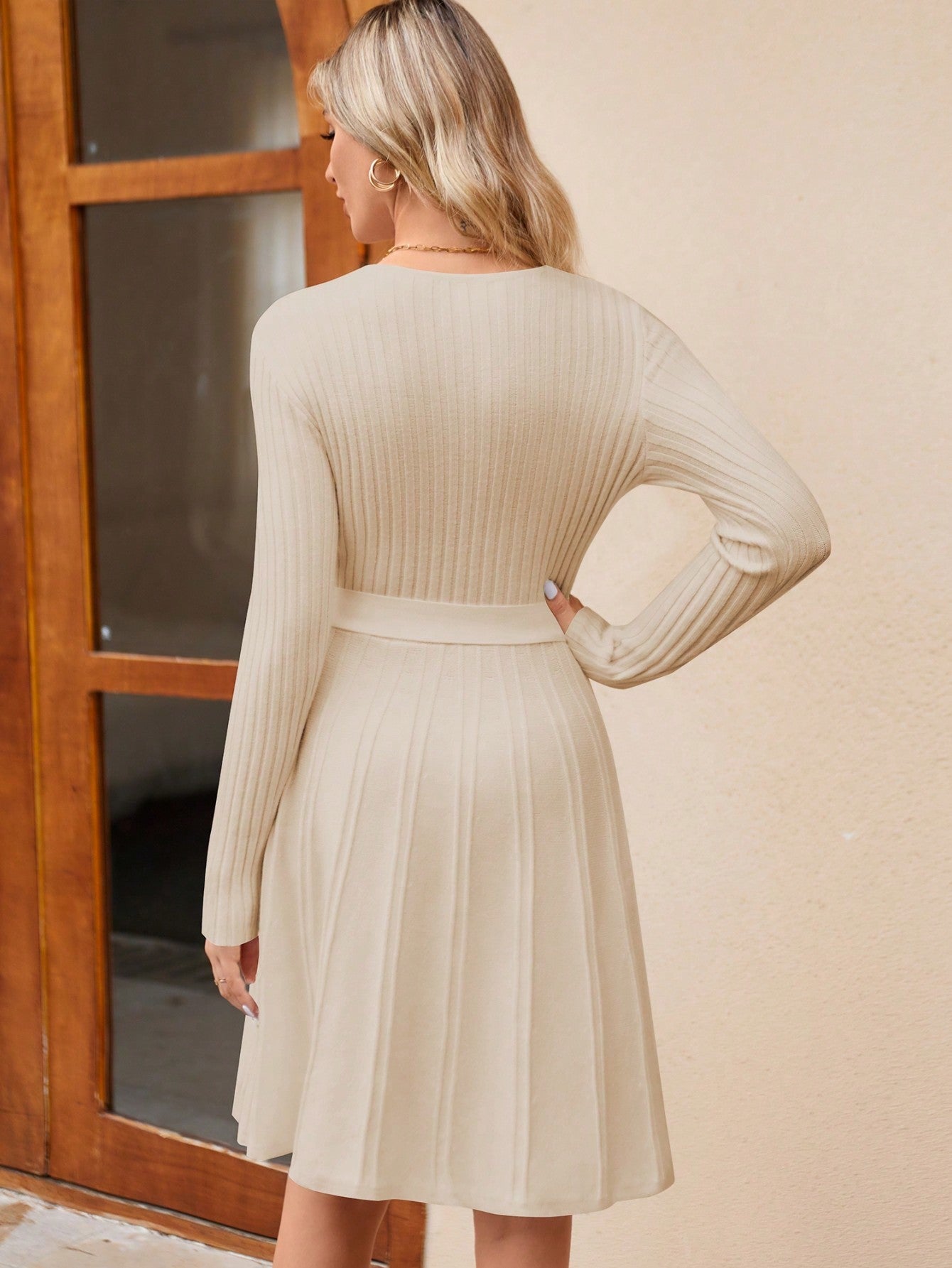 Women's Wrap A-Line Knit Dress Long Sleeve