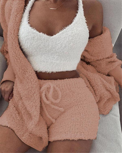 3 Piece Lounge Set Crop Top Long Sleeve and Shorts
