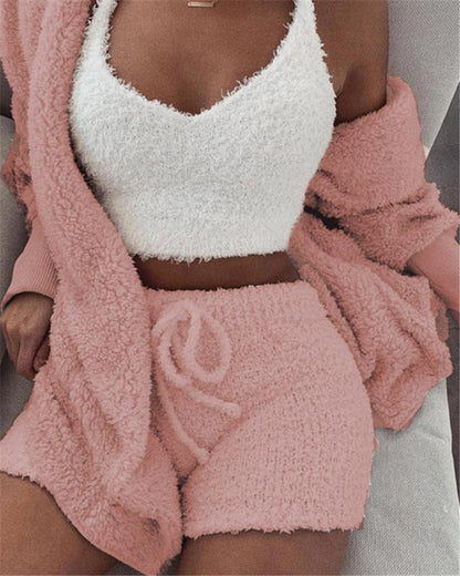 3 Piece Lounge Set Crop Top Long Sleeve and Shorts
