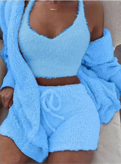 3 Piece Lounge Set Crop Top Long Sleeve and Shorts