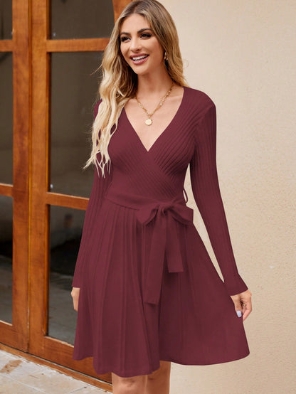 Women's Wrap A-Line Knit Dress Long Sleeve